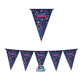 Festone bandiere Happy Birthday neon lungh.3mt Big Party