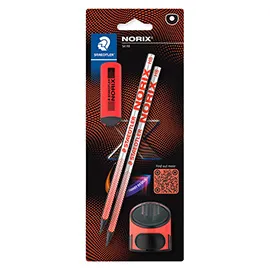 Set 2 matite HB/temperamatite/gomma Norix® corallo Staedtler